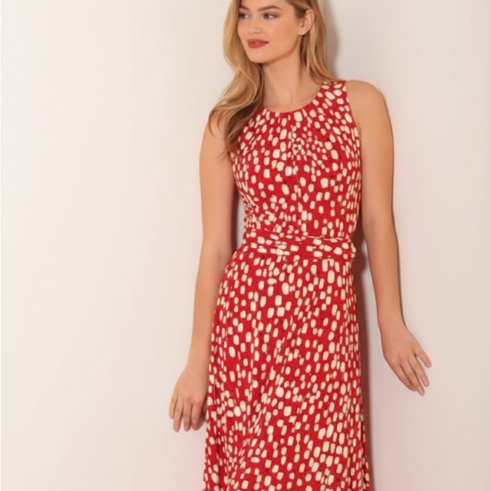 London Times Red Polka Dot Fit & Flare Dress Size 8 Petite Belted Midi Pinup
